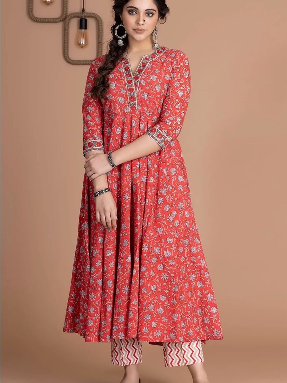 Coral Floral Print Women's Anarkali Dress